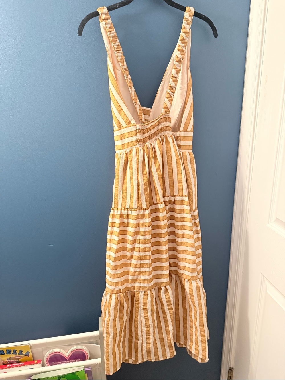 Yellow and White Striped V-Neck Tiered Midi Dress - Picture 2 of 3